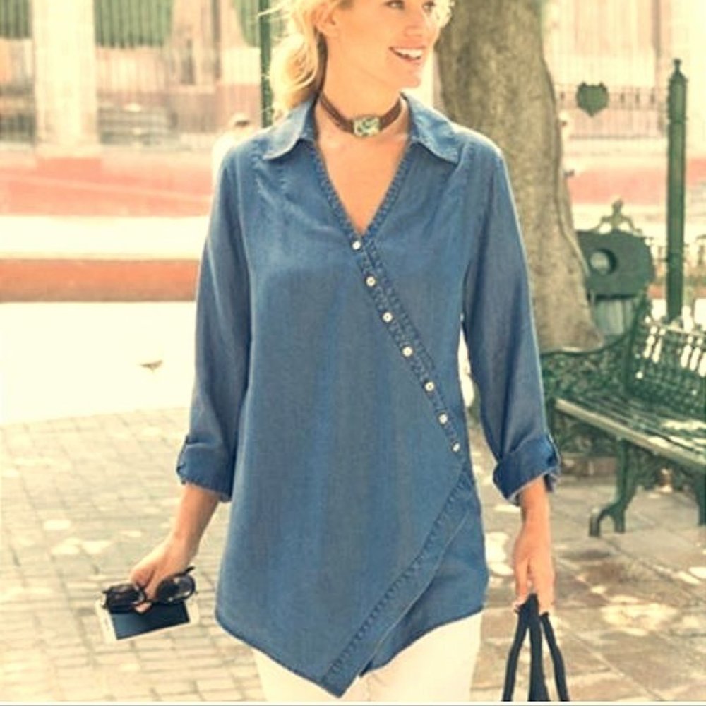 Soft Surroundings Denim Chambray Wrap Tunic Top